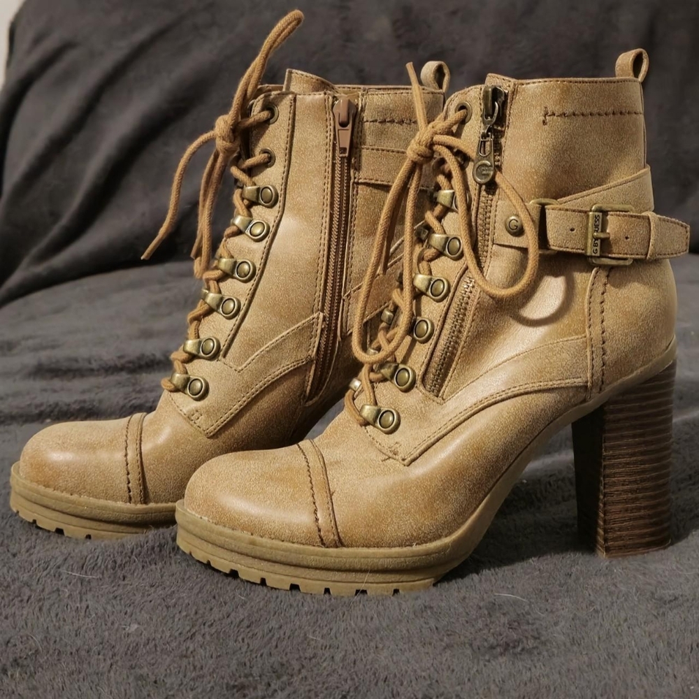Size 6 Tan and Brown Heeled Laced Up Ankle Booties by Guess